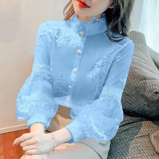 宫廷风刺绣雪纺衬衫女超仙气质蕾丝拼接灯笼袖上衣袖打底衫休闲