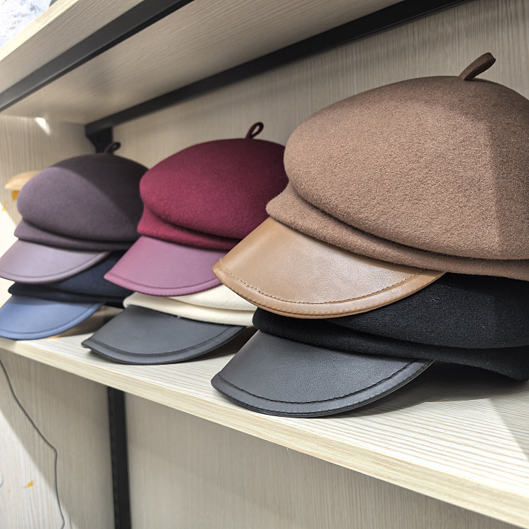 日本ca4款pu皮沿鸭舌帽子女秋冬报童帽文艺侧压褶皱澳洲羊毛毡帽