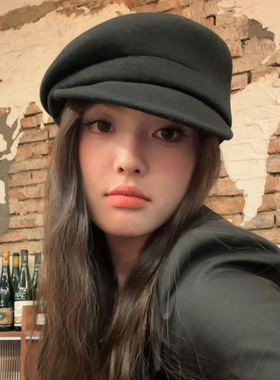 fever同款~黑色羊毛呢报童帽子女秋冬法式鸭舌帽显脸小贝雷帽礼帽