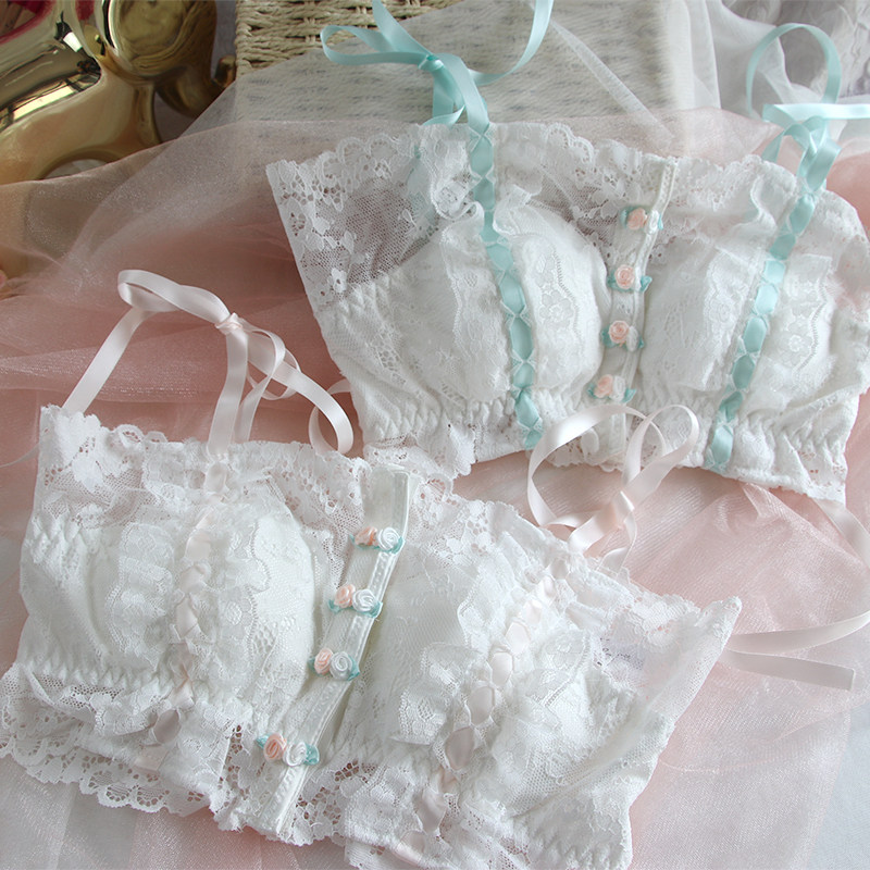 日系内衣少女风仙女蕾丝复古系带无钢圈抹胸大胸显小学生文胸套装