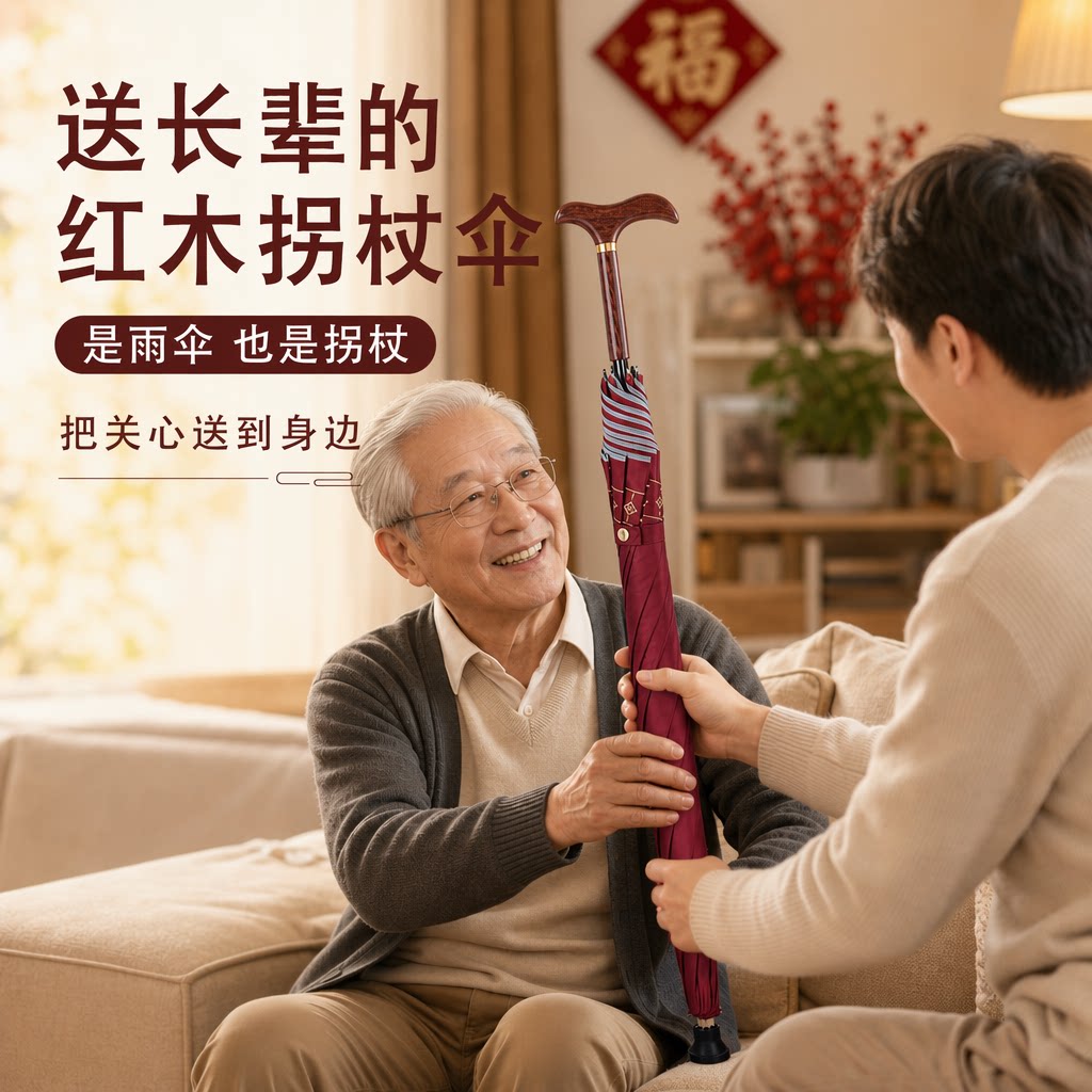 红木实木老人手杖雨伞防滑结实