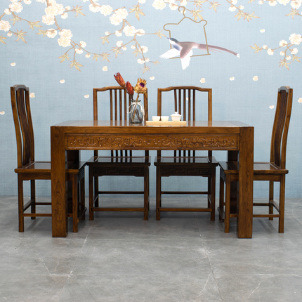 北方老榆木简约新中式原木实木色雕花餐桌椅长方形定制经济型家具