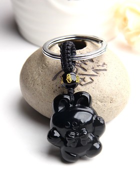 天然黑曜石水晶兔子挂件钥匙扣