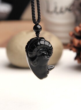 博语天然黑曜石羊头挂件项链