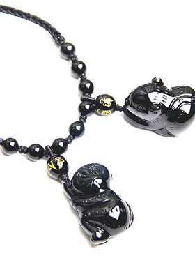 天然黑曜石鼠猴项链项坠