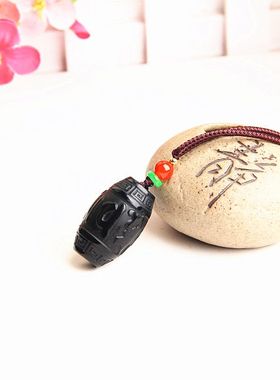 天然黑曜石六字真言桶珠吊坠项坠