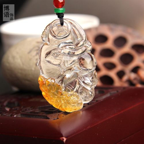 天然黄胶花水晶兔子挂件兔挂坠