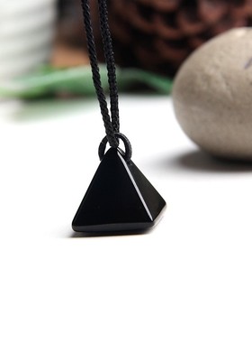 天然黑曜石金字塔吊坠项链