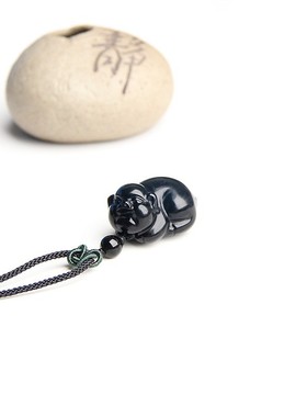 天然黑曜石小猪项链生肖猪挂件