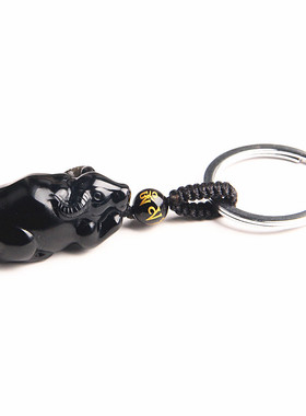 天然黑曜石牛钥匙扣生肖牛水晶牛