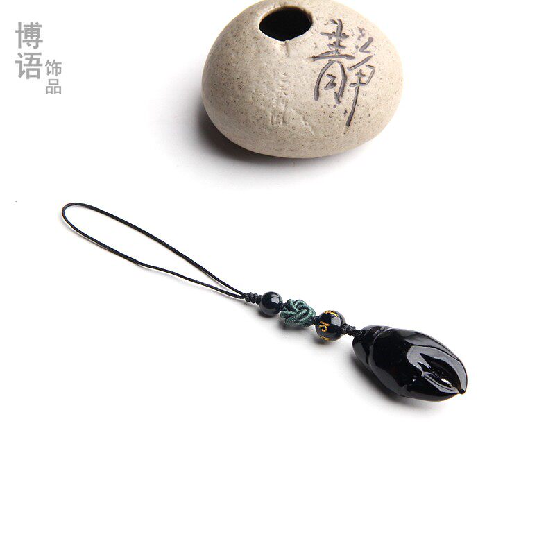 手里有钱螃蟹钳手机链天然黑曜石蟹钳挂件手机坠时尚男女有钱花坠 - 实物图