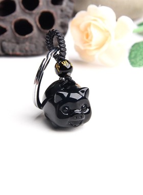 天然黑曜石猪小猪钥匙扣挂件