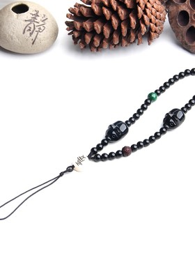 天然黑曜石2个小猪手机坠手机链