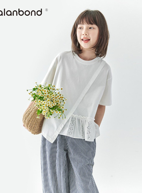 2026夏季新款亲子中大女童纯白色不规则设计蕾丝纯棉T恤夏装上衣