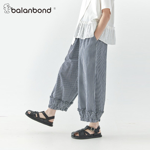 亲子中大女童格子休闲裤 2026夏季 新款 阔腿裤 子 纯棉荷叶边九分裤