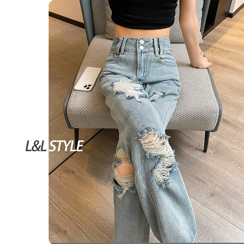 破洞阔腿牛仔裤女夏季2024新款高腰宽松时髦显瘦薄款乞丐直筒裤子