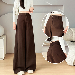 深咖色宽松高腰垂感直筒裤 2205年新款 子 女春秋冬季 加绒阔腿牛仔裤
