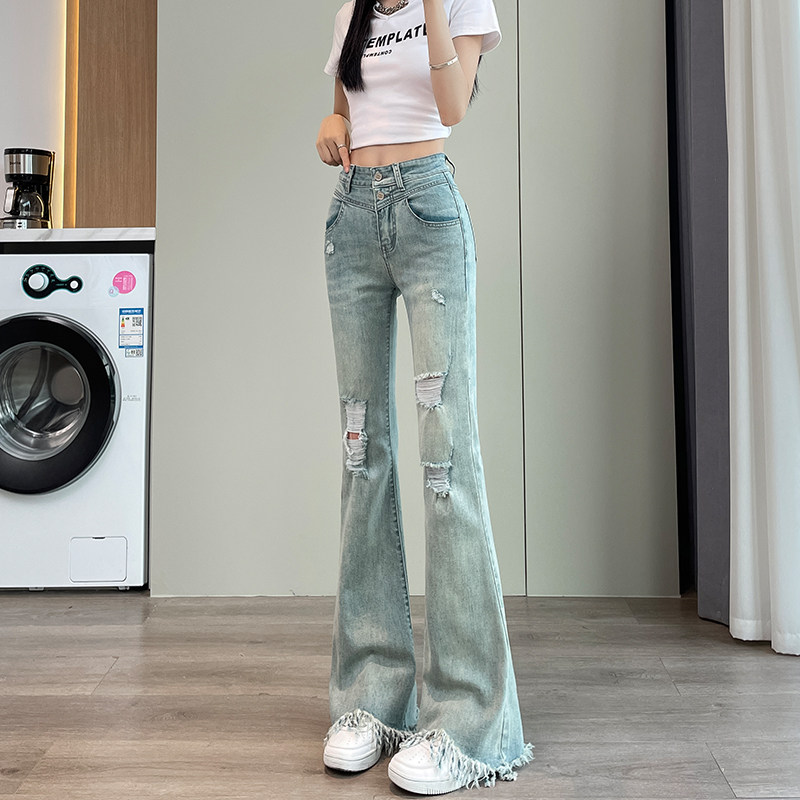 毛边微喇牛仔裤女修身显瘦喇叭裤图片