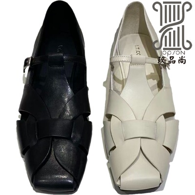 复古方头编织平底一字扣玛丽珍