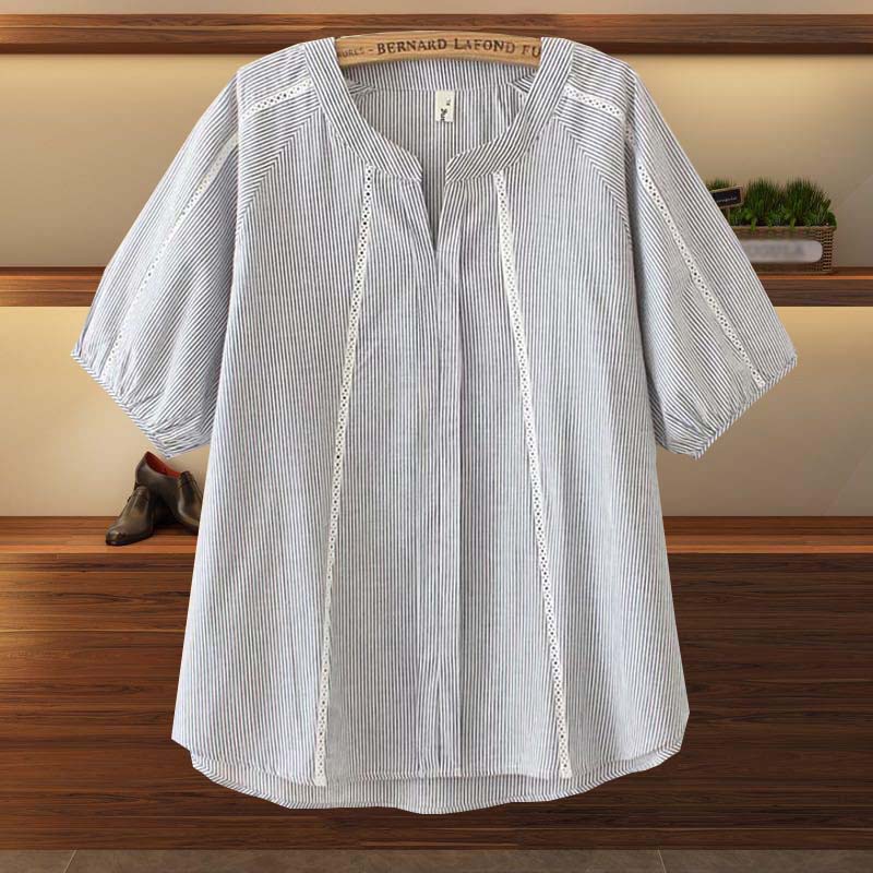新款条纹v领遮肚子40岁衬衫夏装