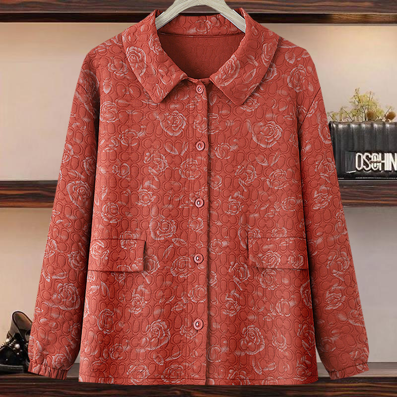 春装新款印花薄短款夹克衫中老年女装春秋天妈妈休闲翻领奶奶外套