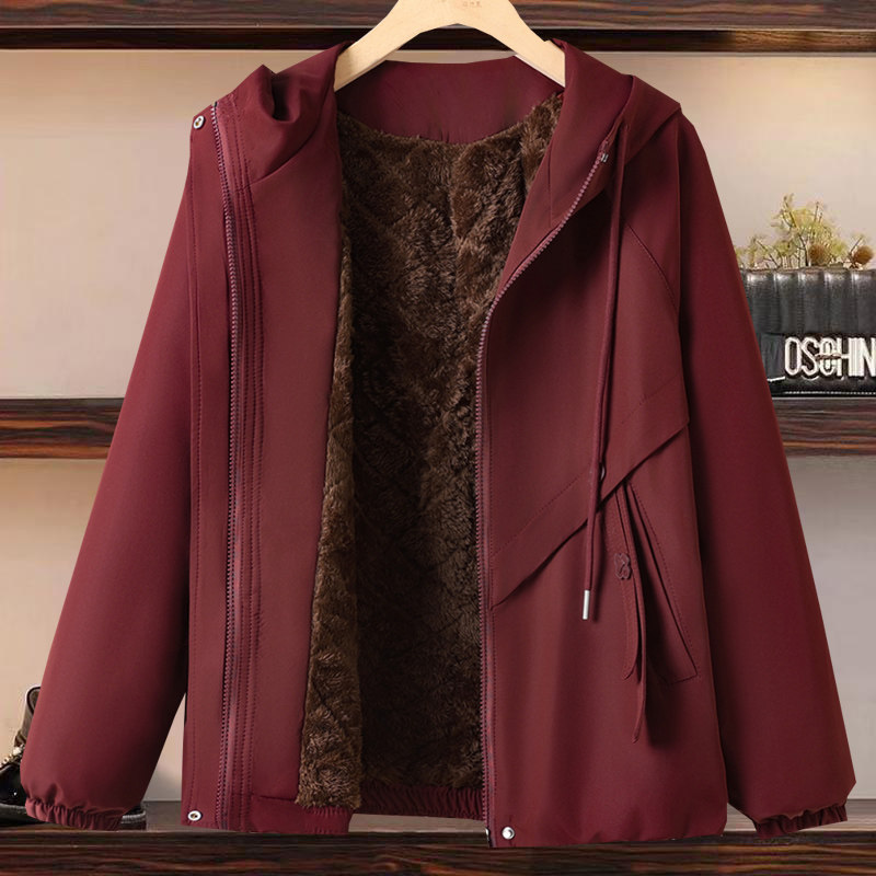 大码女装春秋款连帽短款夹克衫上衣冬季加绒加厚保暖棉衣妈妈外套