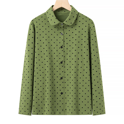 长袖翻领圆点纯棉T恤上衣