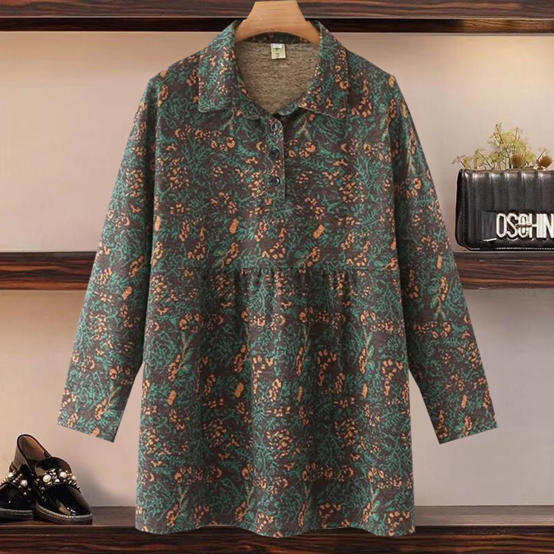 秋装新款加肥加大码中长款印花长袖打底衫中老年妈妈套头遮肉衬衫