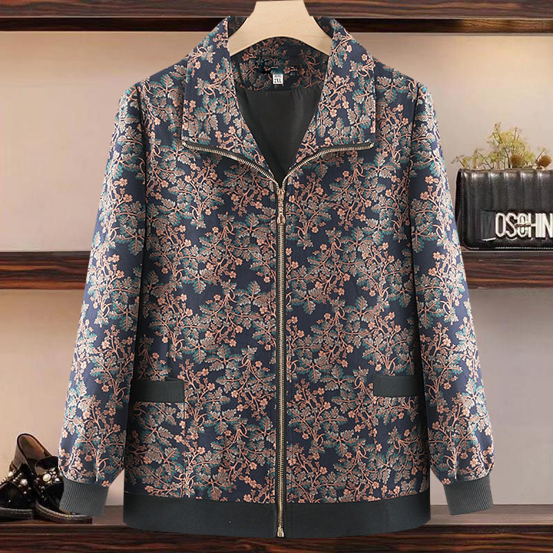 春装妈妈外套春秋天开衫印花夹克衫50岁60宽松显瘦休闲女式短上衣