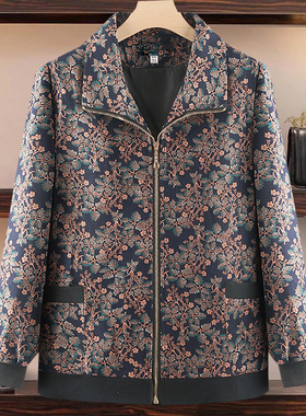 春装妈妈外套春秋天开衫印花夹克衫50岁60宽松显瘦休闲女式短上衣