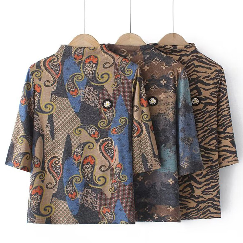 秋装新款七分袖印花打底衫中老年妈妈半高领弹力小衫大码春装T恤