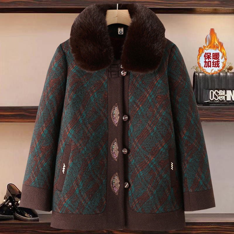 大码女冬装新款印花大毛领加绒加厚棉服老年人60岁70奶奶毛呢外套