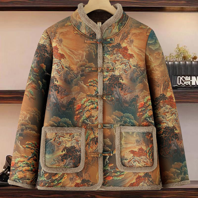 大码女装印花中式盘扣加绒棉服冬