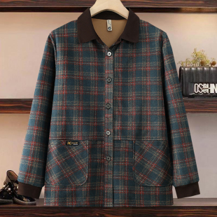 女装 开衫 纯棉格子翻领衬衫 新款 薄外套中老年妈妈衬衣春天 秋装 大码