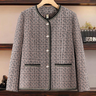 秋冬装新款短款格子妈妈衣服中老年奶奶洋气厚实小香风毛呢外套女