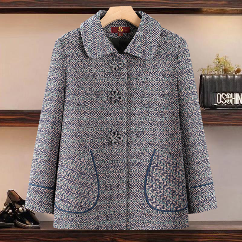 中老年妈妈翻领毛呢外套春秋冬装新款印花宽松显瘦奶奶老太太大衣