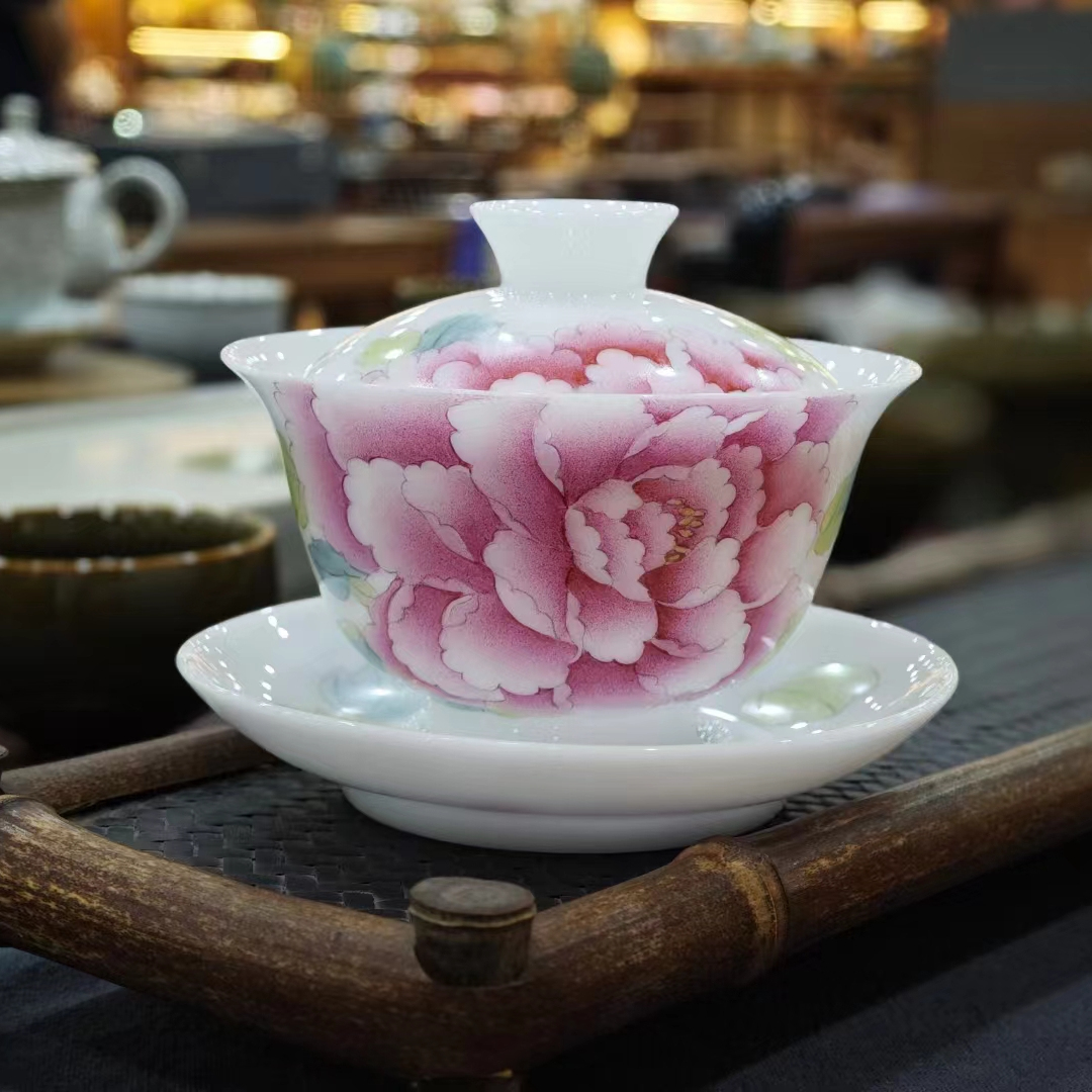 纯手绘薄胎冰种玉瓷牡丹盖碗茶杯高颜值冰种玉瓷茶碗140ml