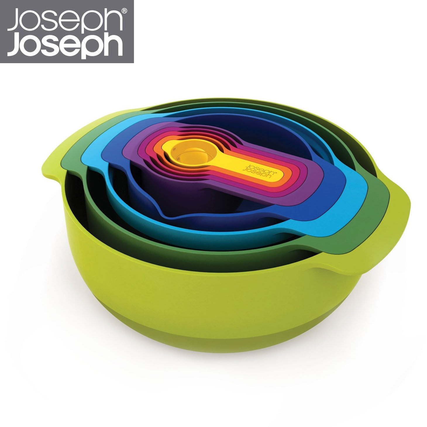 英国joseph joseph彩虹盆九件套装 量勺滤水搅拌碗收纳烘焙用具