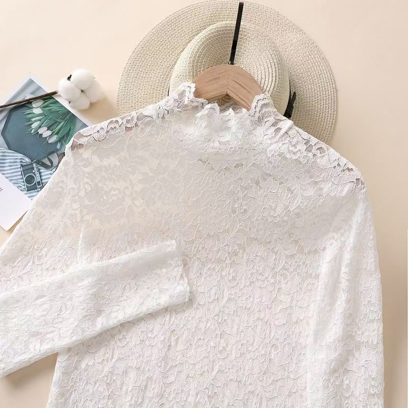 2024加绒半高领修身蕾丝衫长袖T恤女韩版气质紧身洋气镂空打底衫