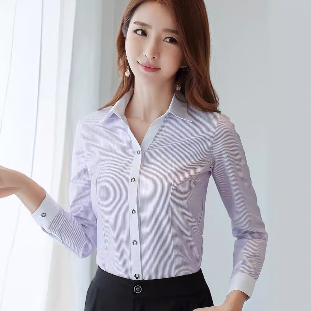 马蹄袖提花长袖修身衬衫女职业工装工作服正装韩版衬衣OL韩版通勤