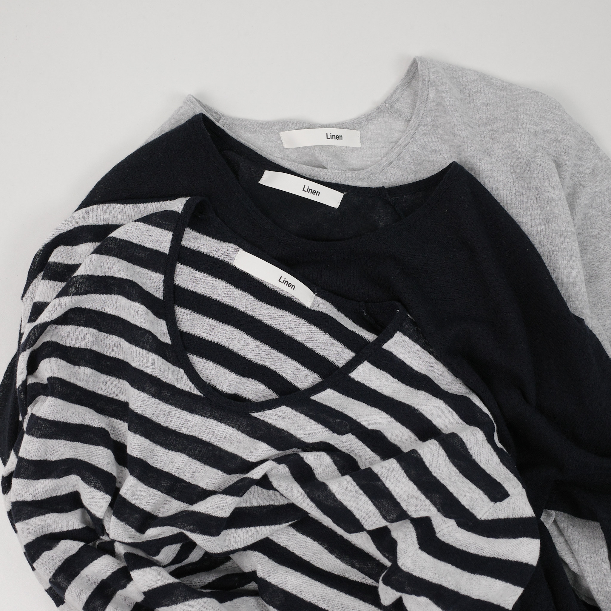 春夏款 极简风U领亚麻棉宽松设计长袖T恤薄款针织上衣女防晒衣