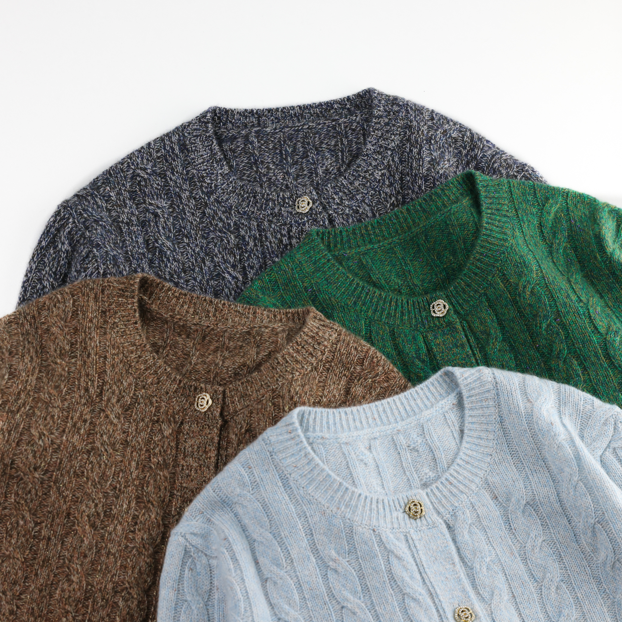 秋冬女士经典绞花开衫百搭学院风圆领羊绒金银丝针织外套