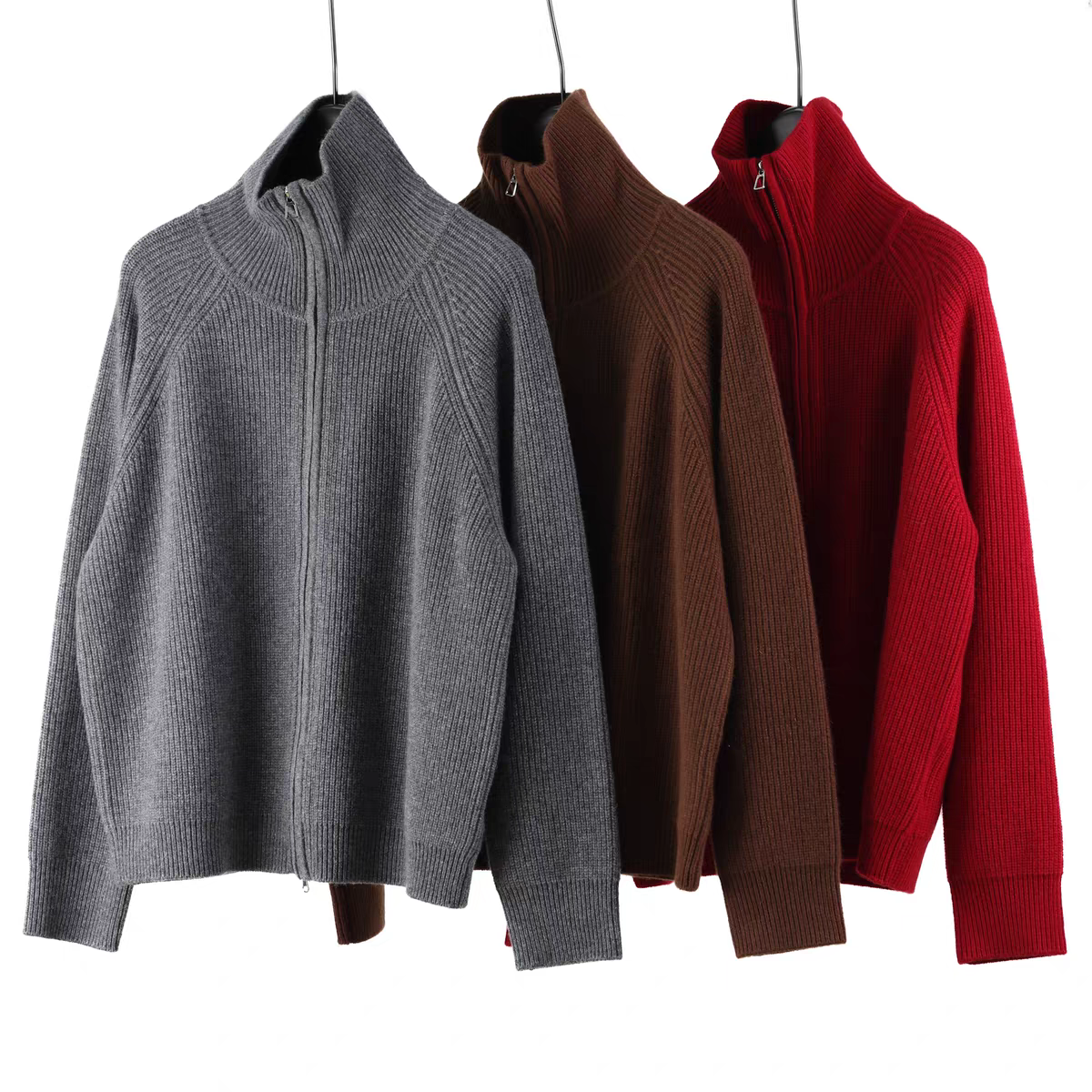 外贸 经典修身100%羊绒加厚拉链立领拉链开衫女冬季新款外套