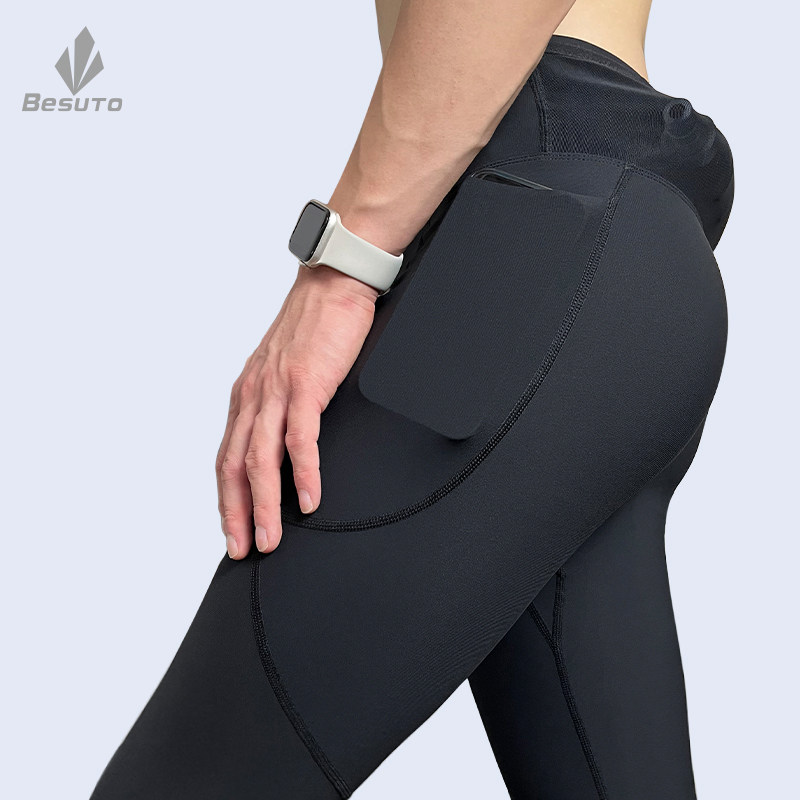 BESUTO北斯途秋冬速干男女运动高弹腰口袋紧身长裤健身瑜伽跑越野