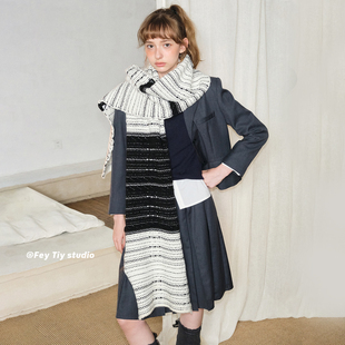 加厚百搭保暖围脖女 特殊工艺小香风黑白针织围巾冬季 feytiy 定制