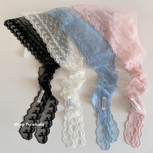 装 春夏季 饰裙帘屁帘百搭 南法小波点蕾丝三角丝巾包头发带 feytiy