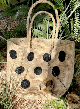 feytiy 波尔卡圆点 100%拉菲草包包时髦复古草编手提包菜篮子包女