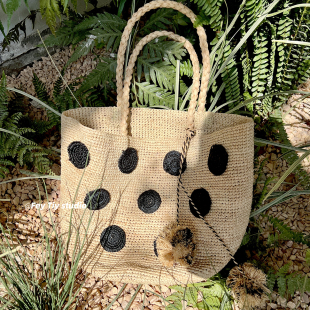 feytiy 100%拉菲草包包时髦复古草编手提包菜篮子包女 波尔卡圆点