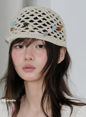 feytiy 纯手钩度假风包头帽串珠镂空帽 春夏新款百搭海边度网帽女