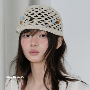 百搭海边度网帽女 春夏新款 feytiy 纯手钩度假风包头帽串珠镂空帽